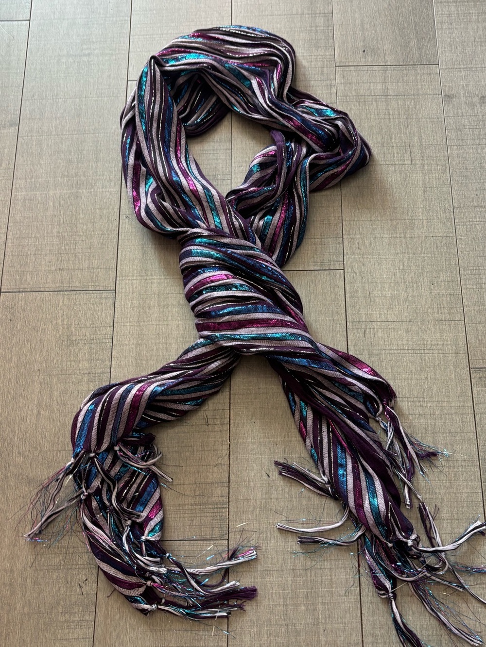 🎃3/$15🎃Vintage Striped Metallic Accent Scarf in Purple, Teal & Pink